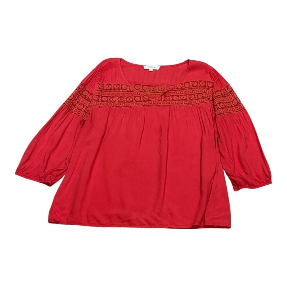 Solitaire Blouse Womens Large Red Boho Peasant Tunic Top Crochet Lace 3/4 Sleeve
